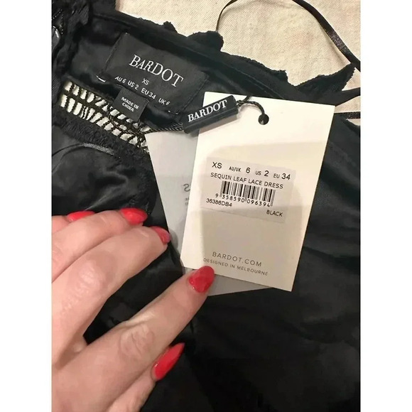 NWT! Bardot Sequin Leaf Lace Dress In Black Sz 2 - Picture 9 of 9